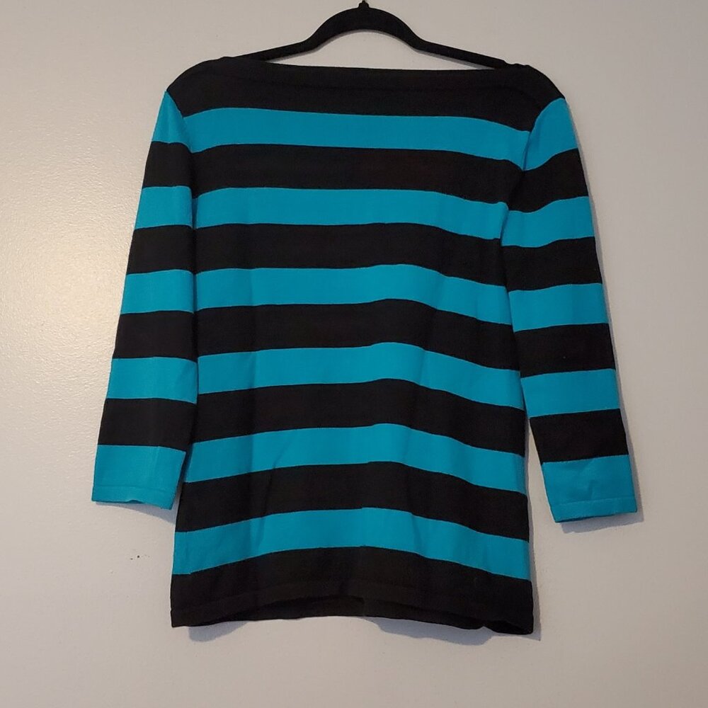 Lauren Ralph Lauren striped boatneck blue and teal Sweater Size M Preppy Coastal - Picture 2 of 9